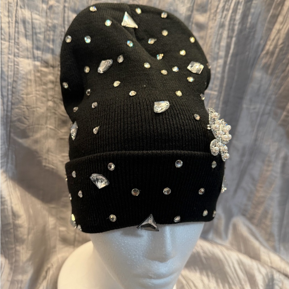 Embellished Black Beanie with Butterfly Detail - Picture 2 of 11